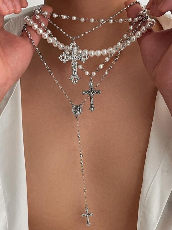 Silver Layered Cross Necklace Set For Women, 4Pcs Pearl Rosary Choker Chunky Chr - Picture 6 of 8